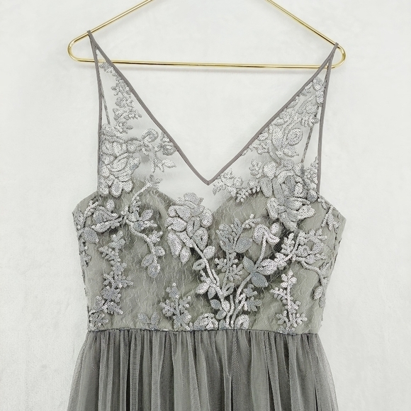 NEW Amsale Sora Gunmetal Lace Bodice Maxi A Line Bridesmaid Dress Z81 - Picture 3 of 10